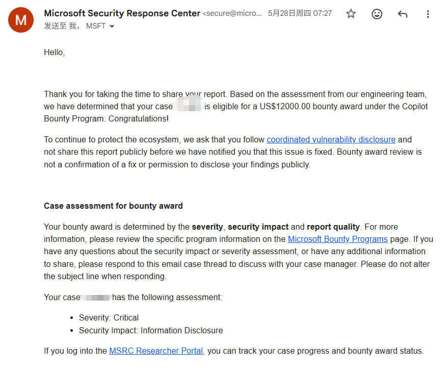 MSRC bounty confirmation